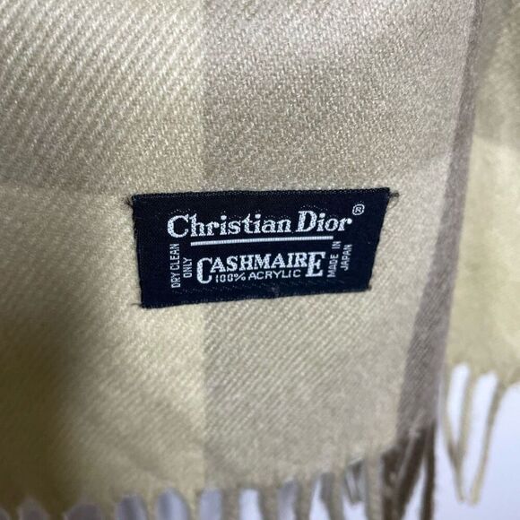 CHRISTIAN DIOR Monsieur Vintage Check Tan Plaid Cashmaire Scarf Fringe 11”x48” - Picture 4 of 5